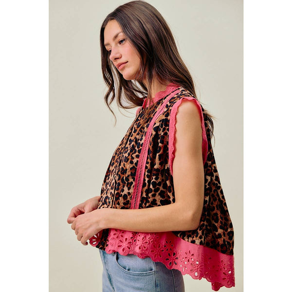 So Me - LEOPARD BUTTON UP PLEATED SLEEVELESS BLOUSE TOP