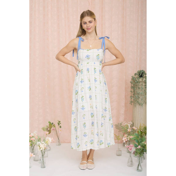 FLORAL TILE PATTERN SCALLOPED TIE STRAP MIDI DRESS
