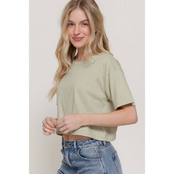 Short Sleeve Crew Neck Oversize Crop Cotton Knit Tee
