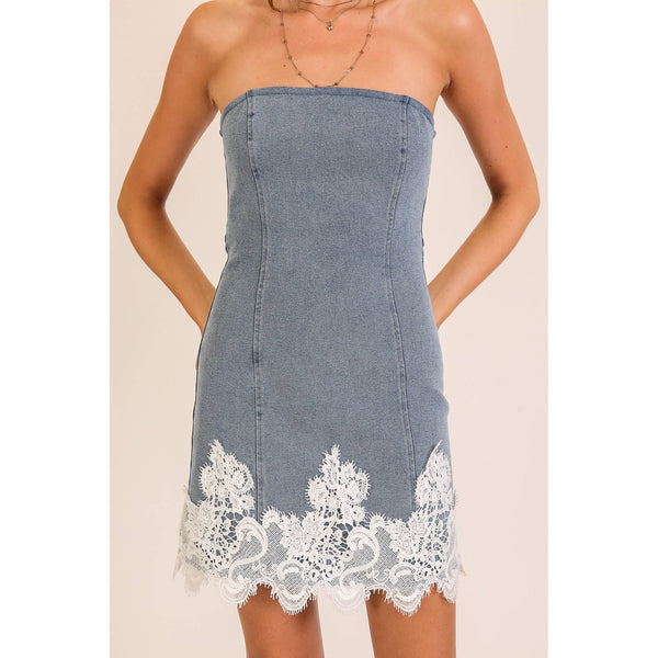 Lace Trim Denim Strapless Mini Dress