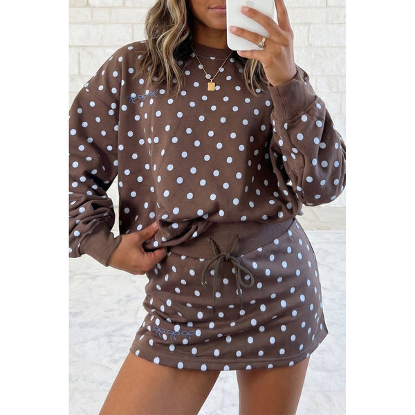 1 the Woman - Bow Embroidery Polka Dot Sweatshirt & Skirt Set