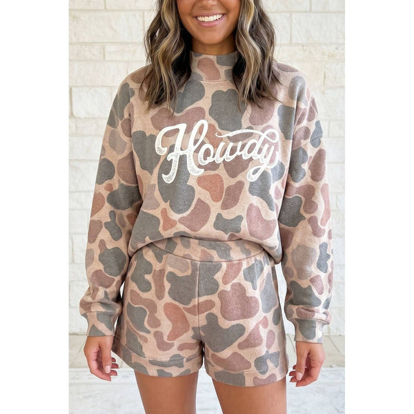 1 the Woman - Camo Howdy Print Sweatshirt & Shorts Two Piece Lounge Set