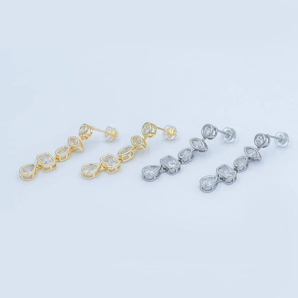24K Gold Filled Geometric CZ Bezel Drop Stud Earrings in Gold & Silver