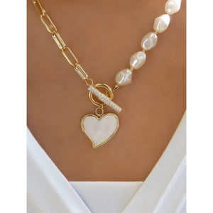 Heart Shape Pendant Rhinestone Decor Pearl Chain Necklace