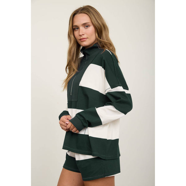 Wide Stripe Half Zip Top With Matching Shorts
