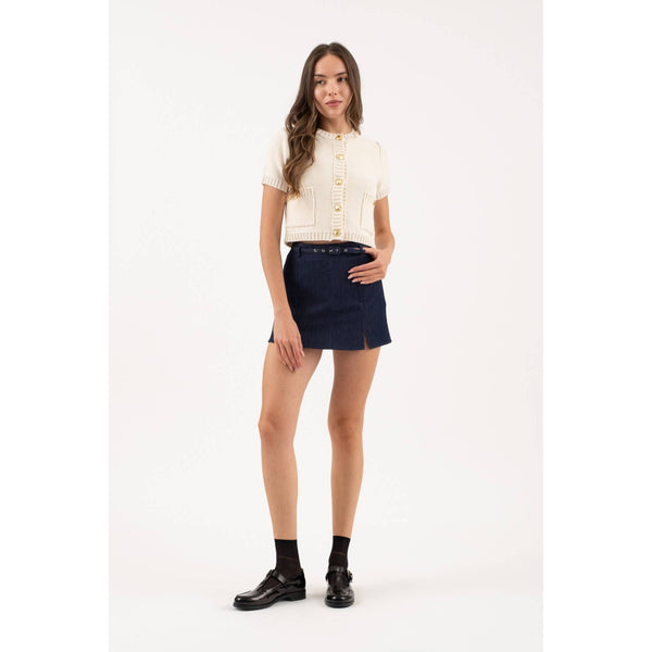 Cream Knit Short Sleeve Sweater with Gold Buttons