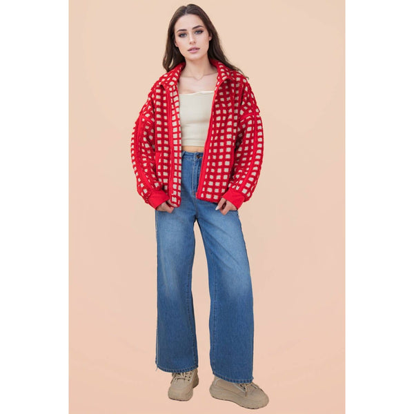 Oversized Checker Fleece Jacket