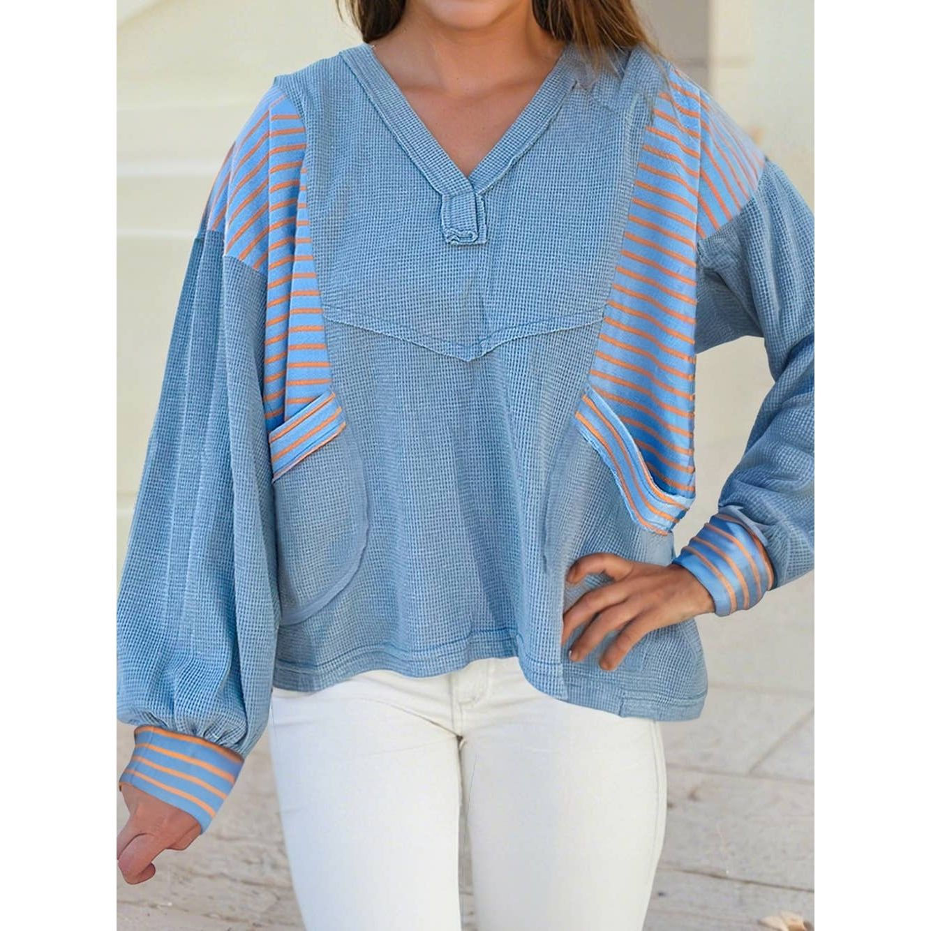 Exposed Seam Waffle Striped Patchwork Baggy Pullover