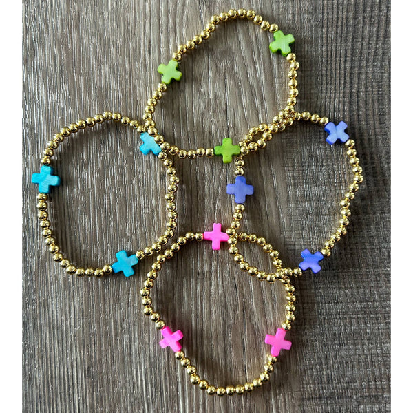 Gold with Colored Cross Beaded Stretch Bracelet