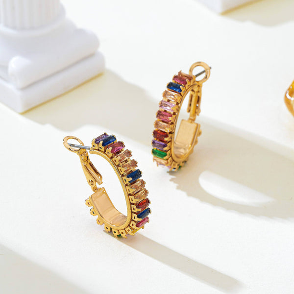 JOSSLYN by wall to wall - Multicolor Baguette Crystal Hoop Earrings | 80E62401