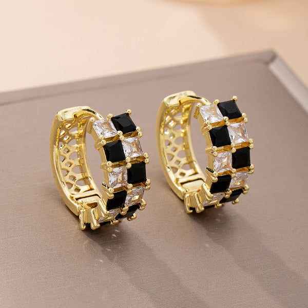 JOSSLYN by wall to wall - Checker Black & Crystal Baguette Hoop Earrings | 80E61892