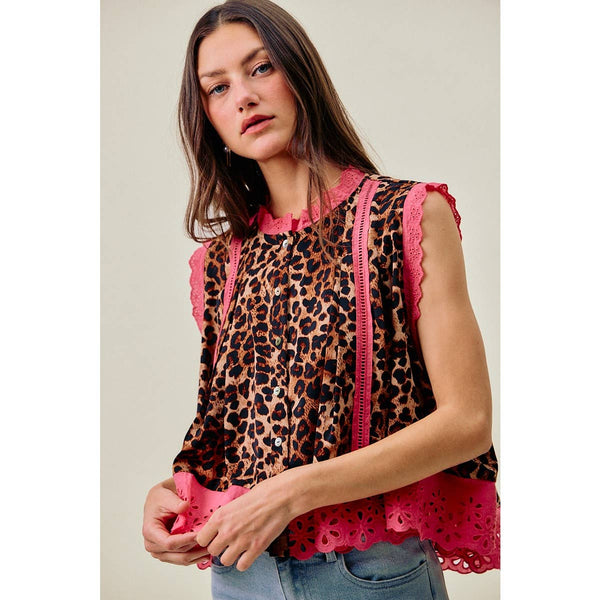So Me - LEOPARD BUTTON UP PLEATED SLEEVELESS BLOUSE TOP