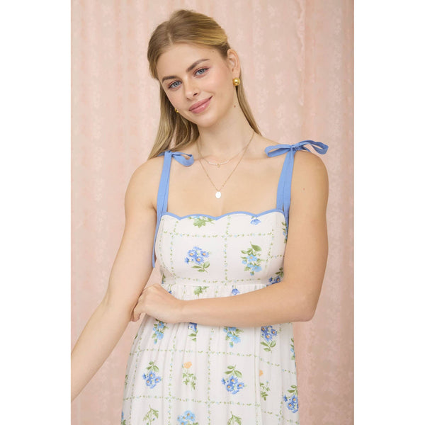 FLORAL TILE PATTERN SCALLOPED TIE STRAP MIDI DRESS