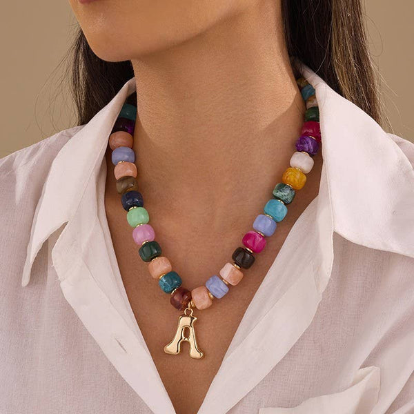 JOSSLYN by wall to wall - Multi Chunky Beaded Initial Charm Necklace Set | 40NK9655
