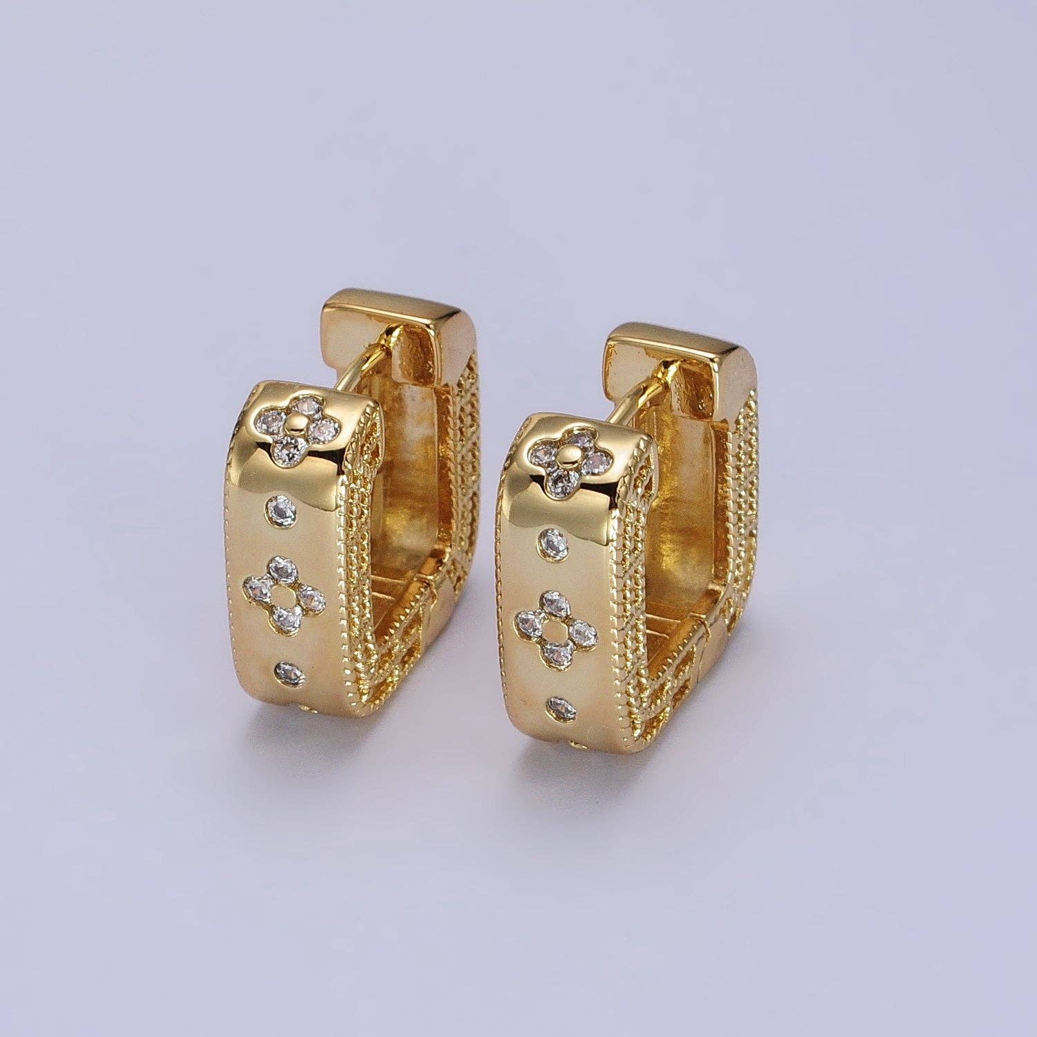 24K Gold Filled Clear Quatrefoil CZ Square Huggies Earrings
