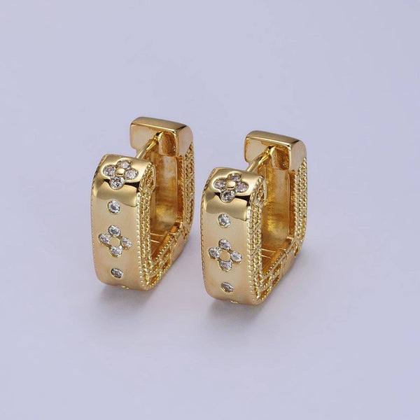 24K Gold Filled Clear Quatrefoil CZ Square Huggies Earrings