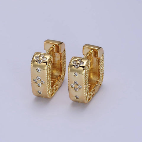 24K Gold Filled Clear Quatrefoil CZ Square Huggies Earrings