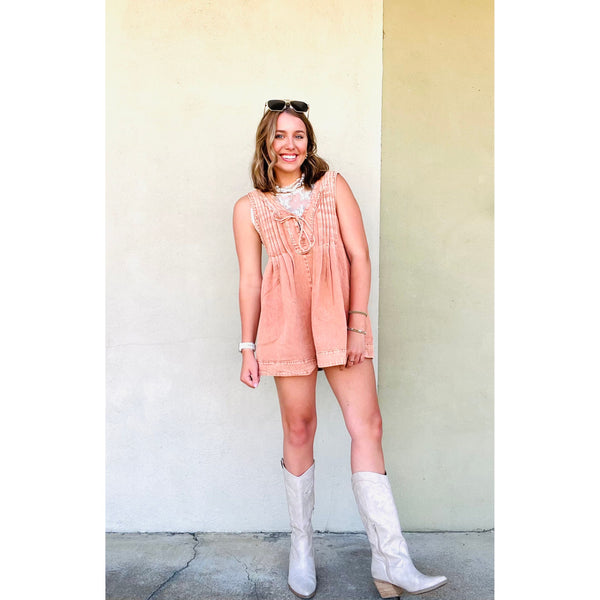 Front Pleated V Neck Sleeveless Denim Romper by Veveret