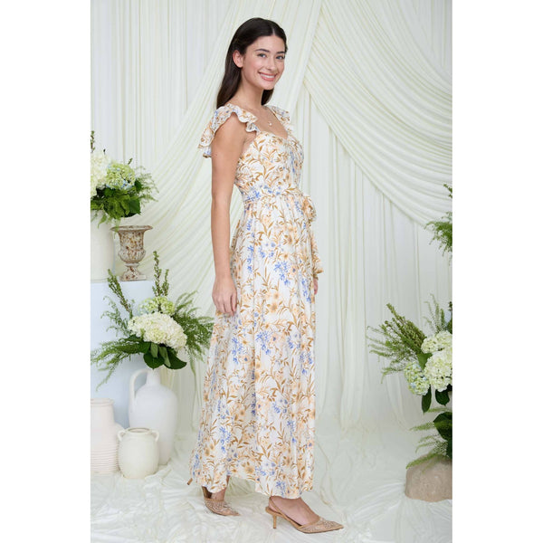 FLORAL WAIST TIE FRONT SLIT SLEEVELESS MIDI DRESS