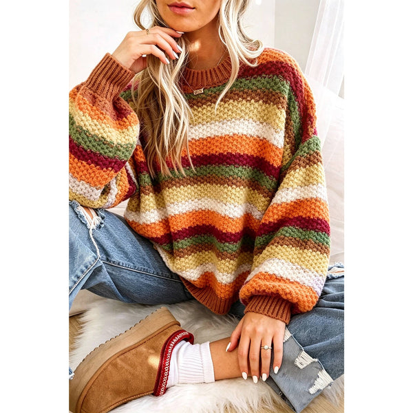 1 the Woman - Rainbow Striped Knit Round Neck Puff Sleeve Sweater