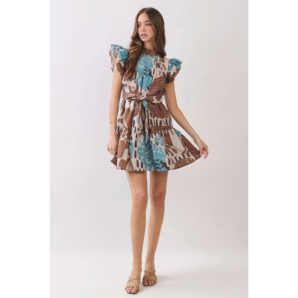 Abstract Print Ruffle Sleeve Mini Dress