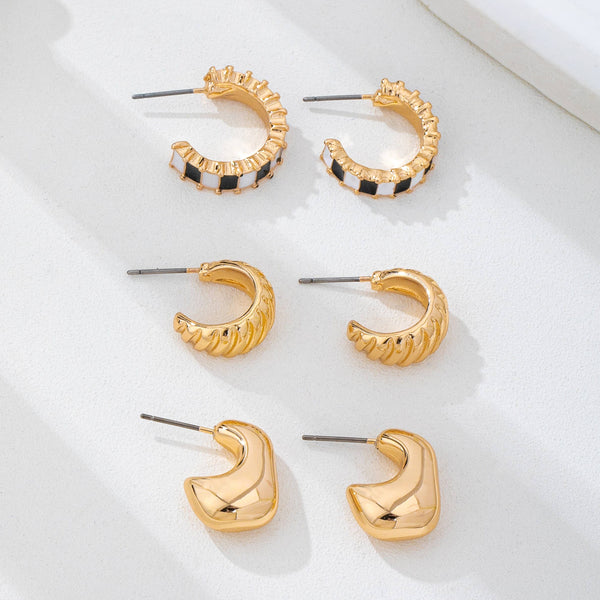 JOSSLYN by wall to wall - Checker Textured Huggie Hoop Trio Earrings | 80E62201