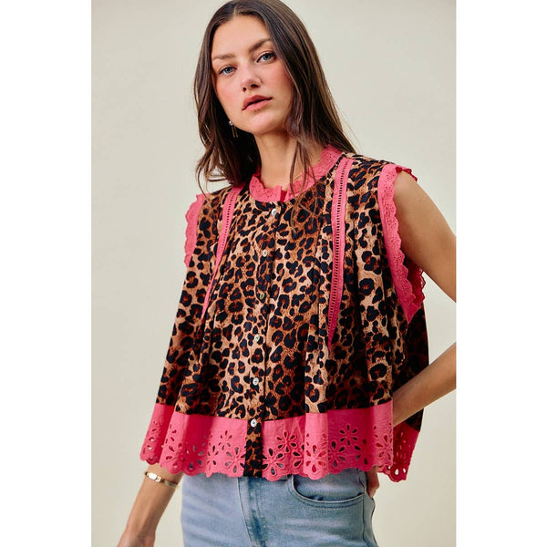 So Me - LEOPARD BUTTON UP PLEATED SLEEVELESS BLOUSE TOP