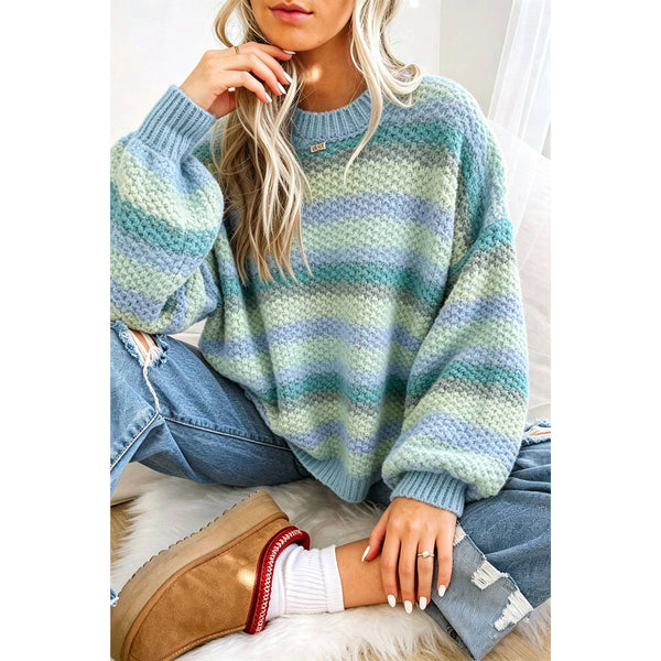 1 the Woman - Rainbow Striped Knit Round Neck Puff Sleeve Sweater