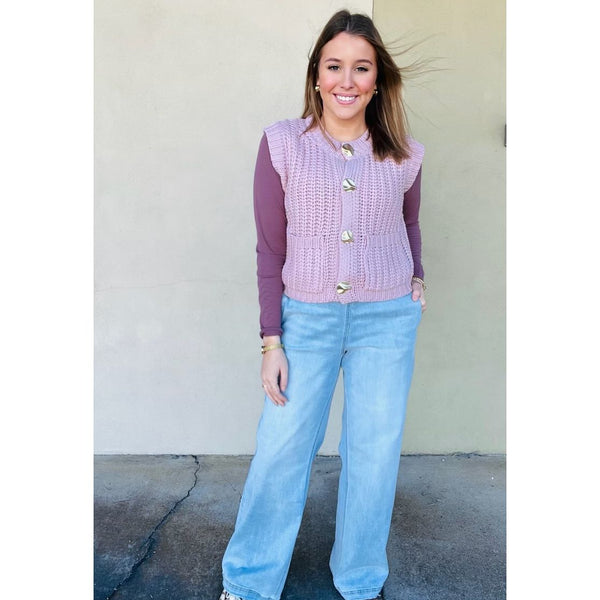 Knit Sweater Vest Gold Button Down