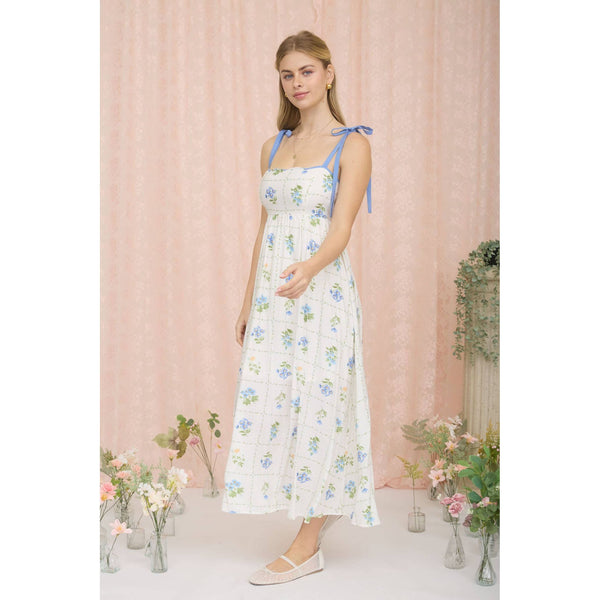 FLORAL TILE PATTERN SCALLOPED TIE STRAP MIDI DRESS