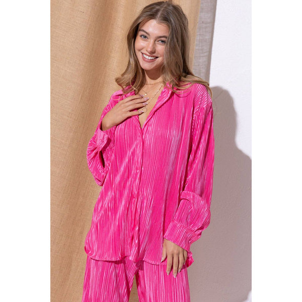 Accordion Pleat Button Blouse Pant Lounge Set
