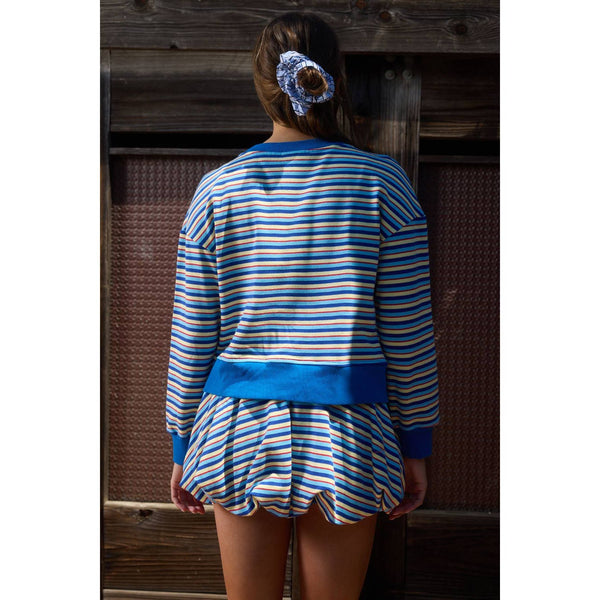 Vibrant Multi-Stripe Dual-Button Knit Cardigan With Bubble Skirt