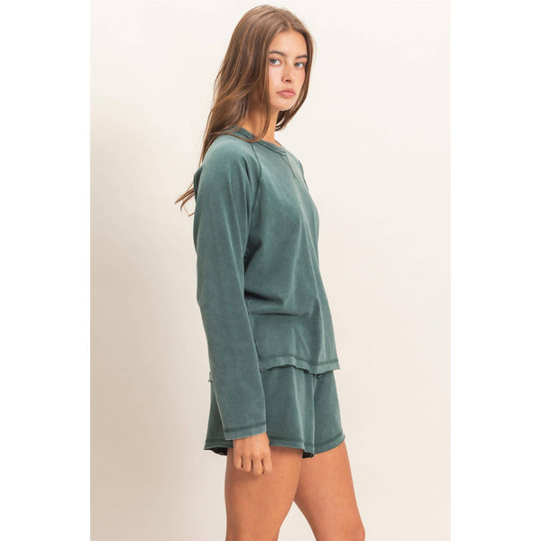Mineral Wash Raw Edge Top And Shorts Set