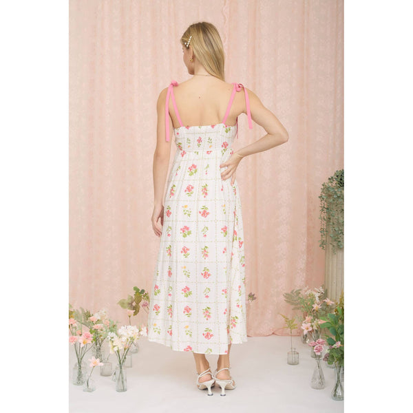 FLORAL TILE PATTERN SCALLOPED TIE STRAP MIDI DRESS