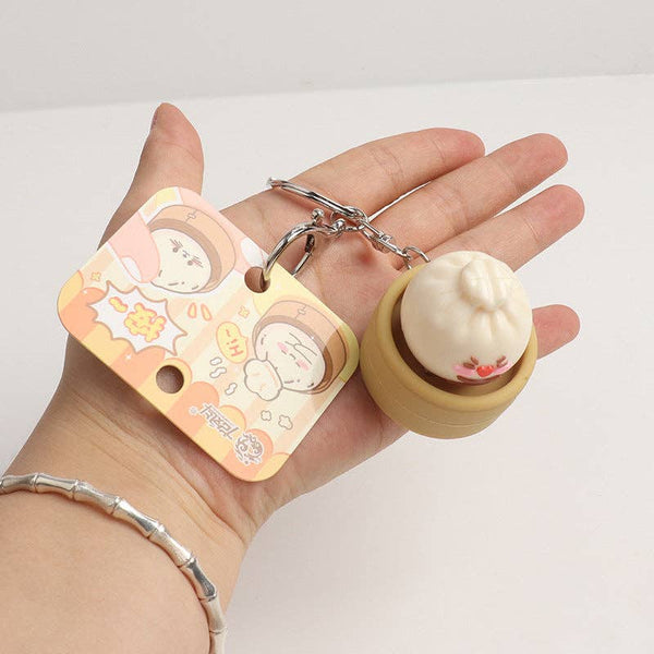Simulation Steamed Bun Squishy Keychain Steamer Basket Emoji Bao Press Toy Pendant