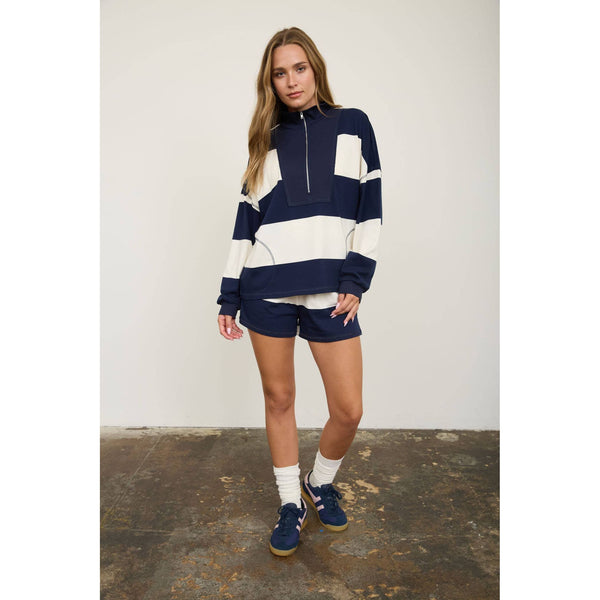Wide Stripe Half Zip Top With Matching Shorts