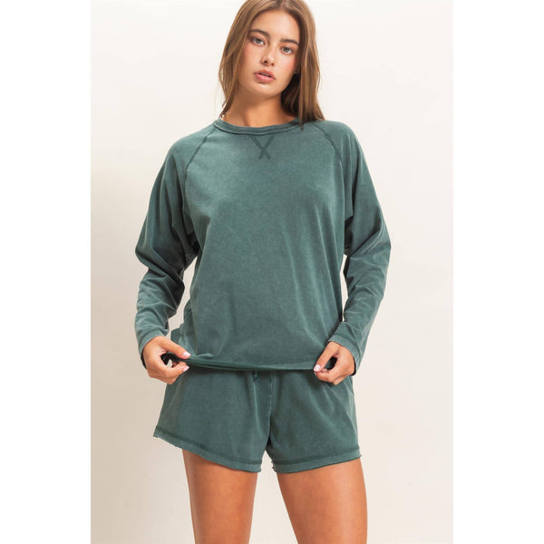 Mineral Wash Raw Edge Top And Shorts Set