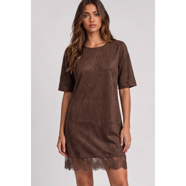 Faux Suede Lace Hem Mini Dress