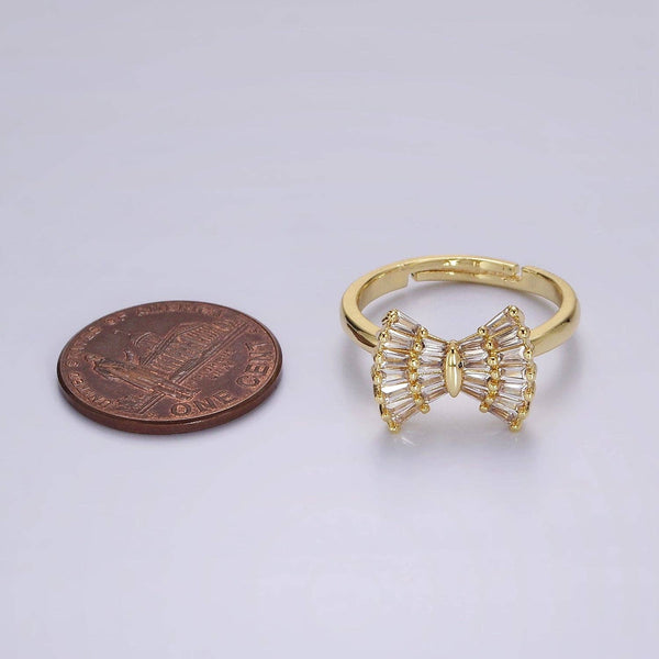 14K Gold Filled Clear Baguette Bow Ribbon Adjustable Ring