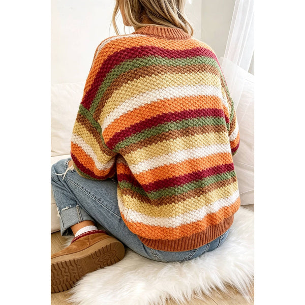 1 the Woman - Rainbow Striped Knit Round Neck Puff Sleeve Sweater