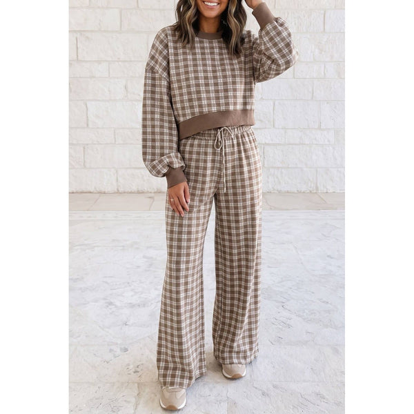 1 the Woman - Plaid Drop Shoulder Top RibbedTrim 2 Pcs Pant Set S-4X