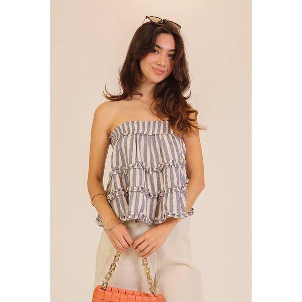 Ruffled Tiered Stripe Strapless Top