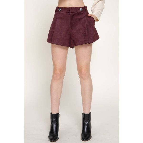 Suede Shorts With Buttons And Pleats - Mocha Brown