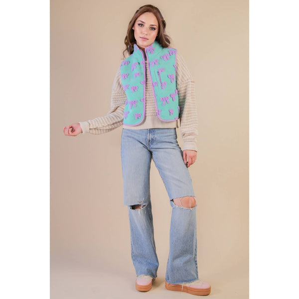 Textured Bow & Floral Printed Vest