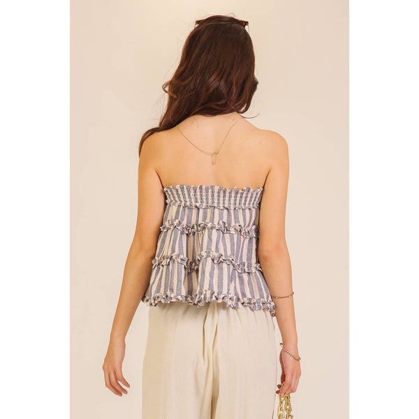 Ruffled Tiered Stripe Strapless Top