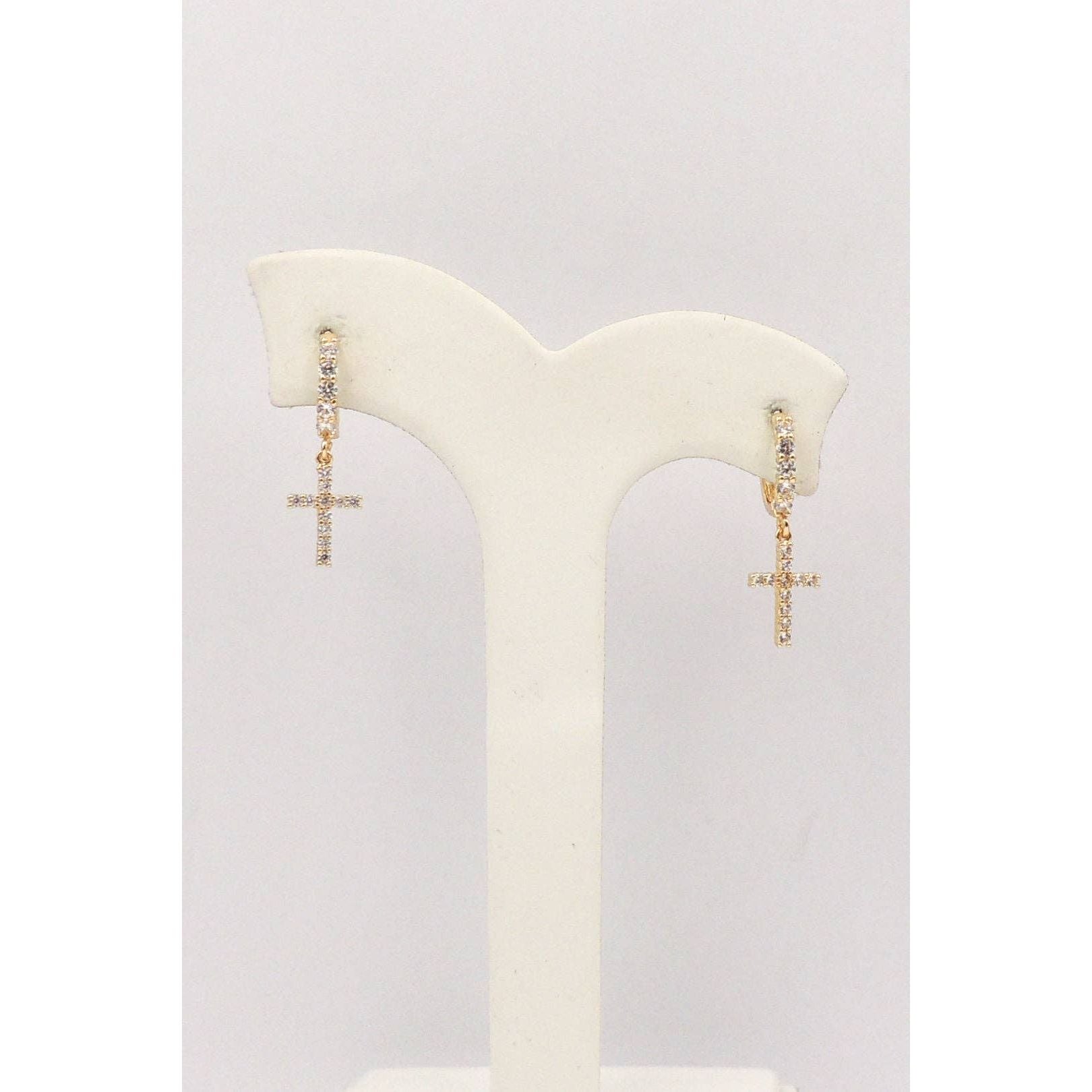 Gold Rhinestone Huggie with Cross Drop Earring