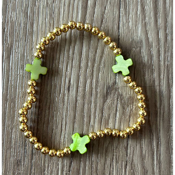 Gold with Colored Cross Beaded Stretch Bracelet