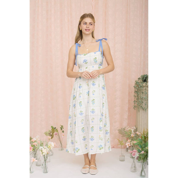 FLORAL TILE PATTERN SCALLOPED TIE STRAP MIDI DRESS