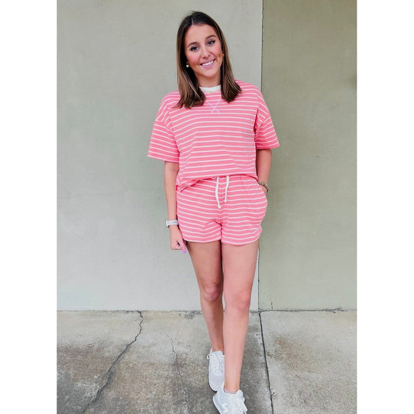 Striped Round Neck Tee & Shorts Set