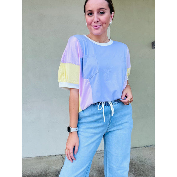 Purple Color Block Half Sleeve Top